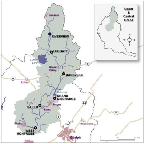 map of Upper Grand flow gauges