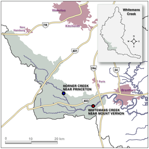 map of Whitemans Creek flow gauges