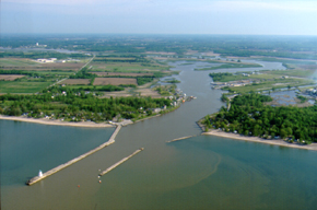 Grand River confluence with Lake Erie in Port Maitland, ON